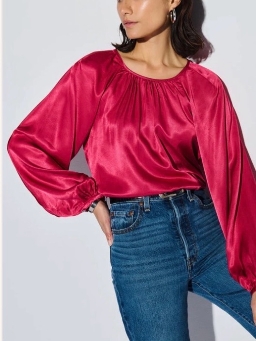 Nation LTD XS Satin Blouson Top in Raspberry